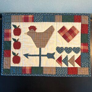 Handmade Folk Art CHICKEN Patchwork Appliqué Quilt Square Placemat Wall Hanging